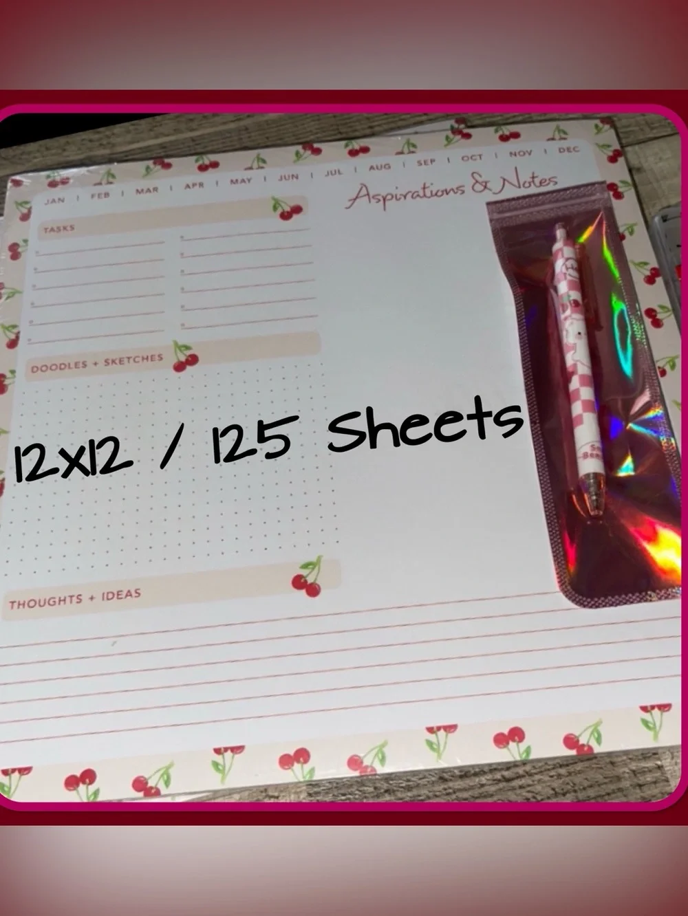 Jumbo 12” x 12” Cherry Print Desk Calendar / Daily Planner + Matching Pen